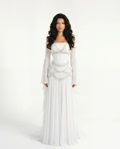 Strapless sweetheart evening gown featuring corset boning, beaded details, and sheer sleeves.
