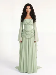 Elegant sage green strapless corset evening gown with beaded embroidery and sheer long sleeves.