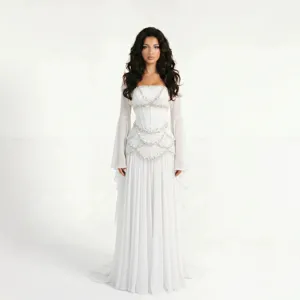 Elegant white strapless corset evening dress with sheer bell sleeves and floor length.