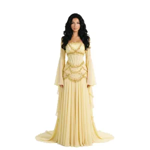 Yellow corseted evening gown with bell sleeves and delicate gold beading for formal events.