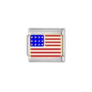Stainless steel Italian charm bracelet link featuring classic American flag design, detail view.