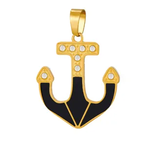Stainless steel anchor pendant detail, gold plated with rhinestones and black enamel accent.