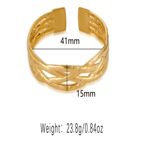 Gold stainless steel geometric open cuff bracelet, stylish openwork bangle for women.
