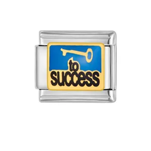 Stainless steel Italian charm link with blue enamel motivational key design for DIY bracelet.