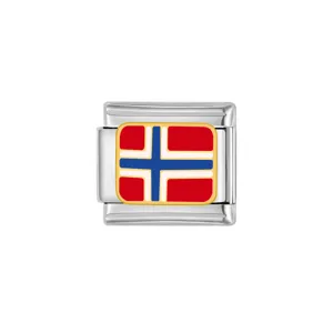 Stainless steel Italian modular charm featuring a vibrant Norwegian flag enamel design detail.