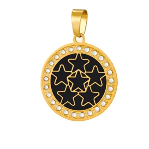 Gold stainless steel rhinestone round pendant necklace detail view showcasing the star pattern.