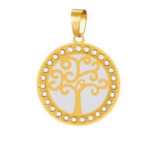 Gold stainless steel tree of life circular rhinestone pendant necklace for women and men.