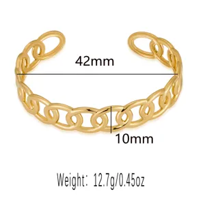 Close-up detail view showing dimensions and weight of the gold chain cuff bracelet.
