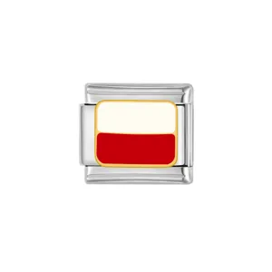 Stainless steel Italian modular charm link featuring a red and white national flag enamel design.
