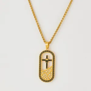 Gold titanium steel cross pendant necklace with rhinestones and Greek key border design stylish jewelry