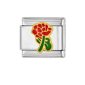 Stainless steel Italian charm link with red rose enamel design for DIY jewelry making