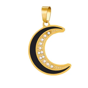 Detailed view of the stainless steel crescent moon pendant with sparkling rhinestone details.