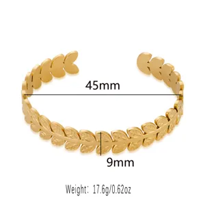 Detailed product detail showing the elegant 18k gold stainless steel leaf cuff bracelet sizes.