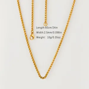 Detailed view of the gold stainless steel wheat chain necklace, measuring 60cm length and 2.5mm width.