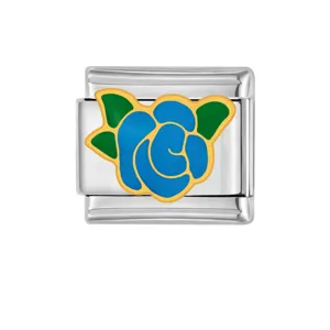 Stainless steel Italian modular charm bracelet link featuring a blue rose enamel design.