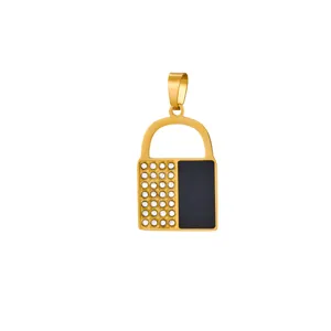 Gold stainless steel padlock pendant necklace with sparkling rhinestones and black enamel detail.