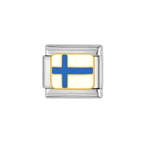 Detailed close-up of stainless steel Italian charm with blue-white flag for DIY bracelet.