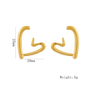Gold geometric heart earrings for women, stylish stainless steel ear studs 25x20mm.