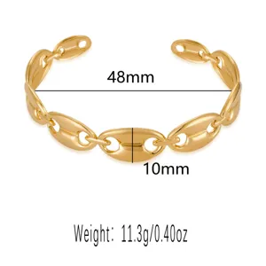 Gold stainless steel coffee bean cuff bracelet with 48mm diameter and 10mm width details.