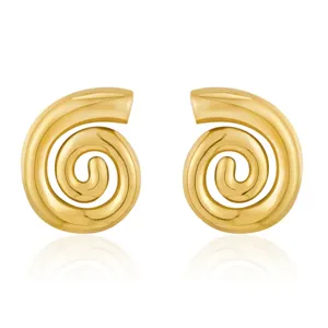 Detailed closeup of elegant gold-plated spiral geometric stud earrings for women.