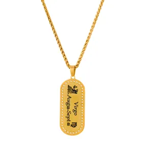 Close-up view of gold stainless steel Virgo zodiac pendant necklace with delicate chain.