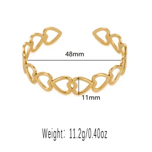 Stainless steel 18k gold plated hollow heart open cuff bracelet, elegant fashion jewelry.