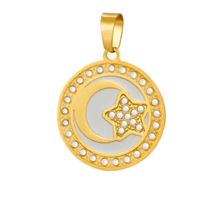 Close-up detail of gold-plated stainless steel crescent moon and rhinestone star pendant.