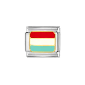 Stainless steel Italian modular charm diy bracelet link with colorful enamel stripe design detail.
