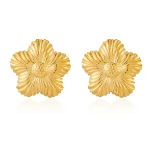 Stainless steel gold flower earring detail view, showing exquisite radial texture and glossy finish.