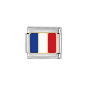 Stainless steel Italian charm detail featuring French flag enamel design for DIY jewelry.