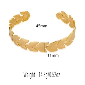 Gold stainless steel leaf cuff bracelet detail view, showing 45mm diameter and 11mm width specs.