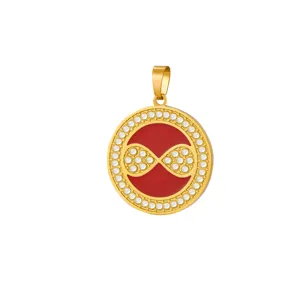 Gold stainless steel rhinestone round pendant detail closeup, elegant red inlay jewelry piece.