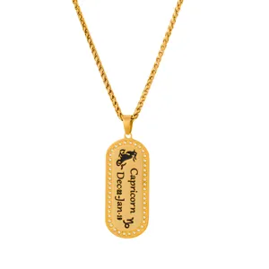 Close-up detail shot of 18k gold plated stainless steel Capricorn zodiac pendant necklace.