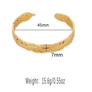 Stainless steel 18K gold feather open cuff bracelet detail showing 45mm diameter and 7mm width.