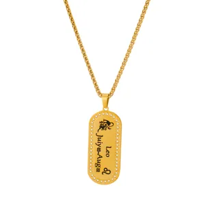 Detail view of the gold stainless steel Leo zodiac pendant necklace with sparkling rhinestones.