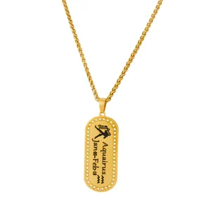 Detailed view of the gold stainless steel Aquarius zodiac dog tag pendant necklace.