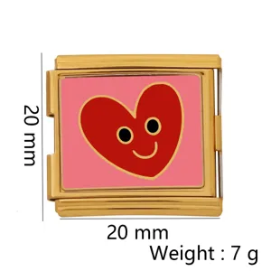 Stainless Steel Italian Charm Bracelet Link 20mm Pink Smiling Heart Design DIY Jewelry