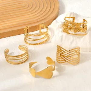 Bohemian 18K Gold Plated Stainless Steel Open Cuff Bracelet For Women Hollow Out Butterfly Heart Multi Layer Geometric Wide Statement Bangle Jewelry Gift