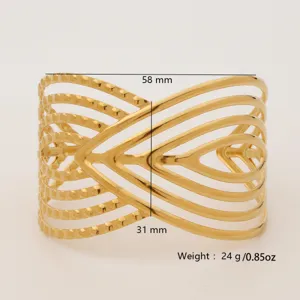 18k gold stainless steel hollow wide cuff bracelet, bohemian style jewelry for women.