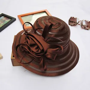 Brown organza women's fascinator hat with elegant satin bow floral decor for summer beach party.