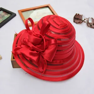 Women Organza Sun Hat Wide Brim Summer Beach Hat Elegant Floral Bowknot Fedora Hat UV Protection Vacation Cap