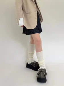 Chic distressed knit fringe slouch socks leg warmers, trendy wasteland style winter calf socks.