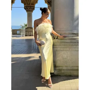 Elegant strapless satin maxi dress with fluffy feather bust trim for women party evening.