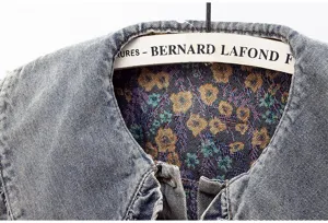 damen jeansjacke kragen detail blumen jacquard futter rüschenkragen freizeit kleidung