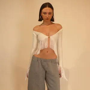 Top court sexy a manches longues franges col en V profond pour femme mode ete chic