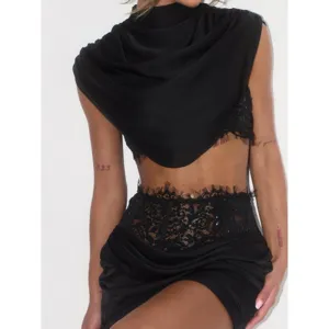 Black two-piece outfit with stand collar top, delicate lace trim, and fitted corset skirt.
