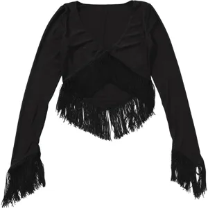 Femme sexy crop top col V profond franges manches longues haut noir mode tendance été chic