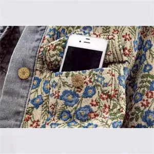 Damen Blumen Brokat Jeans Jacke kurzer Vintage Freizeit Stil Langarm Mantel Detail Ansicht.