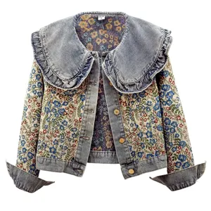 Frühling neue Rüschen Puppenkragen Jeansjacke Damen kurze Jacquard süße elegante lange Ärmel Mantel
