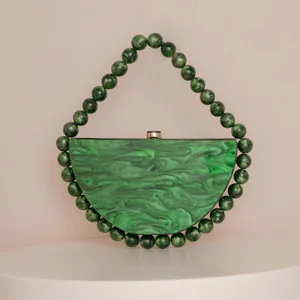 Women Acrylic Evening Clutch Bag Pearl Beaded Handle Vintage Marble Pattern Handbag Party Prom Purse